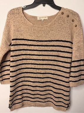 Jones New York Beige and Black Striped Crewneck Sweater with Shoulder Buttons